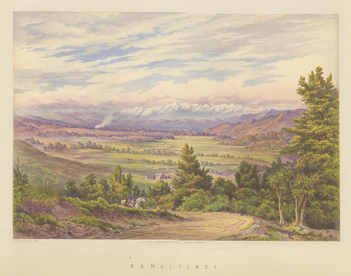 Antique print titled 'Rangitikei'. View of Rangitikei, New Zealand. Lithographed by C.F. Kell after a drawing by Barraud. This print originates from 'New Zealand: Graphic and Descriptive', circa 1877.