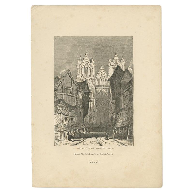 Antique Print of Reims Cathedral by Knight, 1835