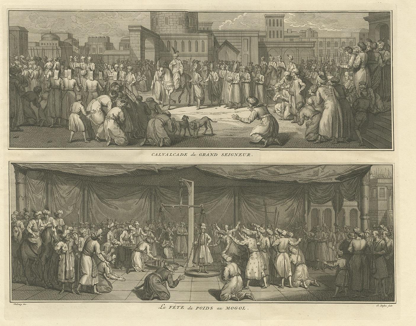 Antique print depicting depicts the Calvalcade of the Great Lord, the lower image depicts the celebration of the weights of the Mughal Empire. This print originates from 'Ceremonies et coutumes Religieuses' by A. Moubach.