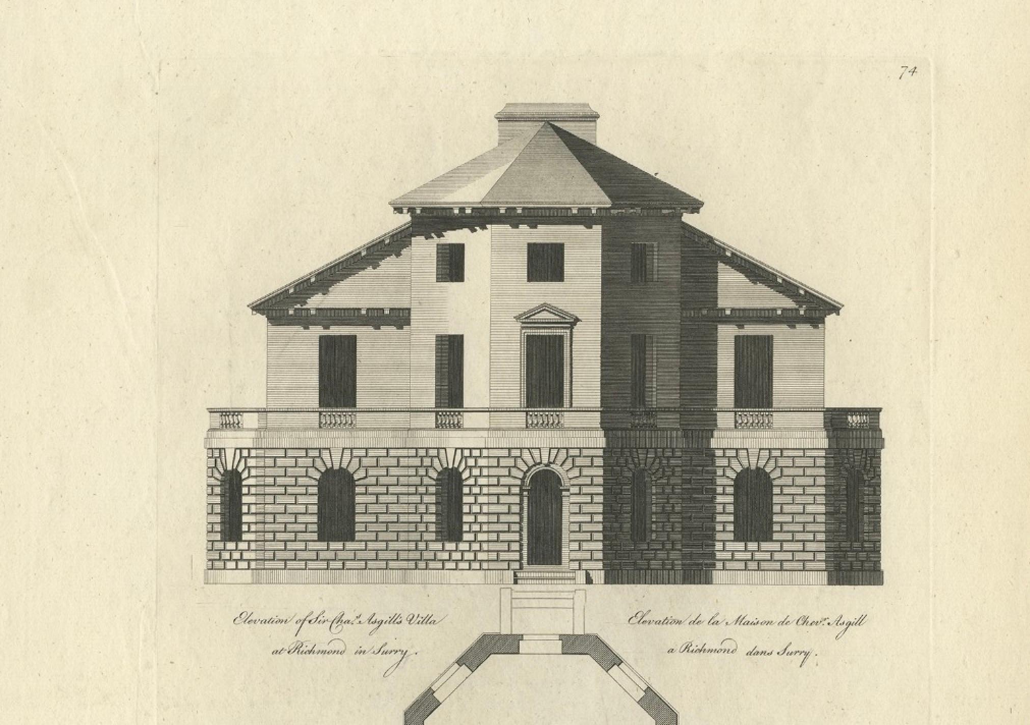 Grabado antiguo titulado 'Elevación de la Villa de Sir Asgill en Richmond en Surry (..)'. Plano y fachada de Richmond Place o Asgill House, Richmond, Londres. Este grabado procede de 