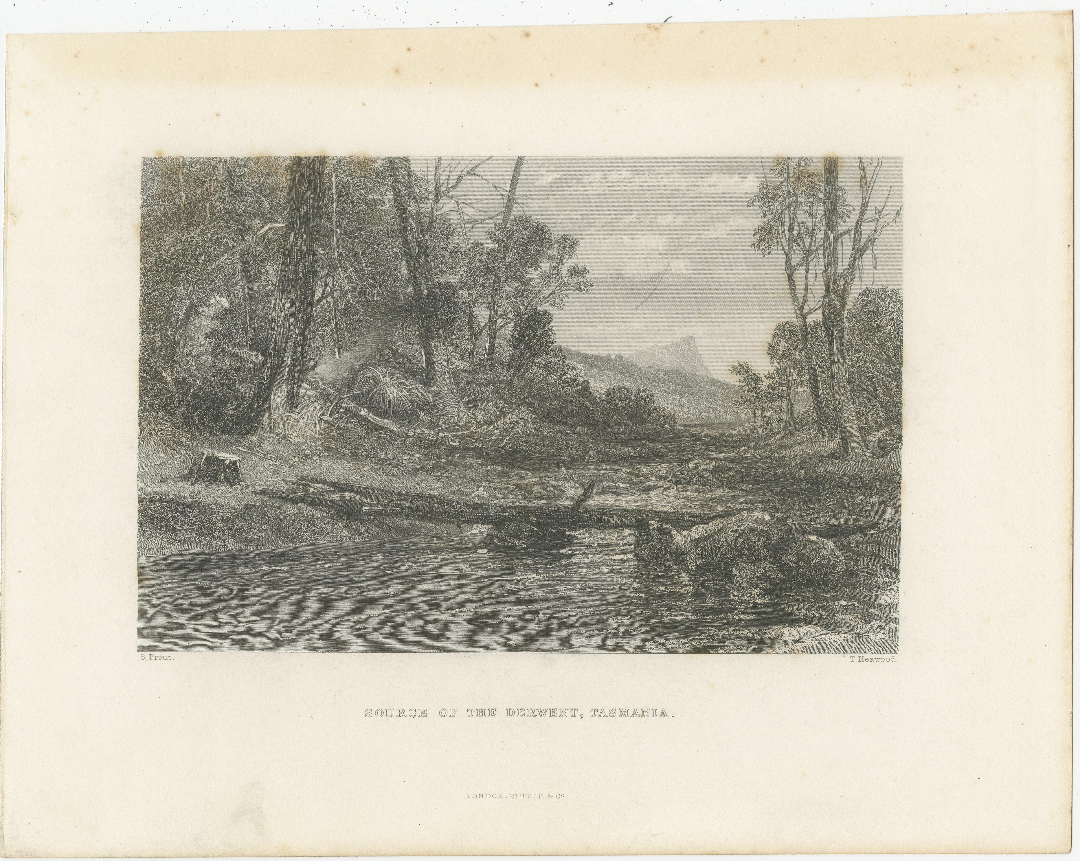 Antique print titled 'Source of the Derwent, Tasmania'. View of River Derwent, Tasmania, Australia. The River Derwent has its source in Lake St Clair, the nation's deepest lake. Engraved by T. Heawood after S. Prout. Published by Virtue & Co, circa