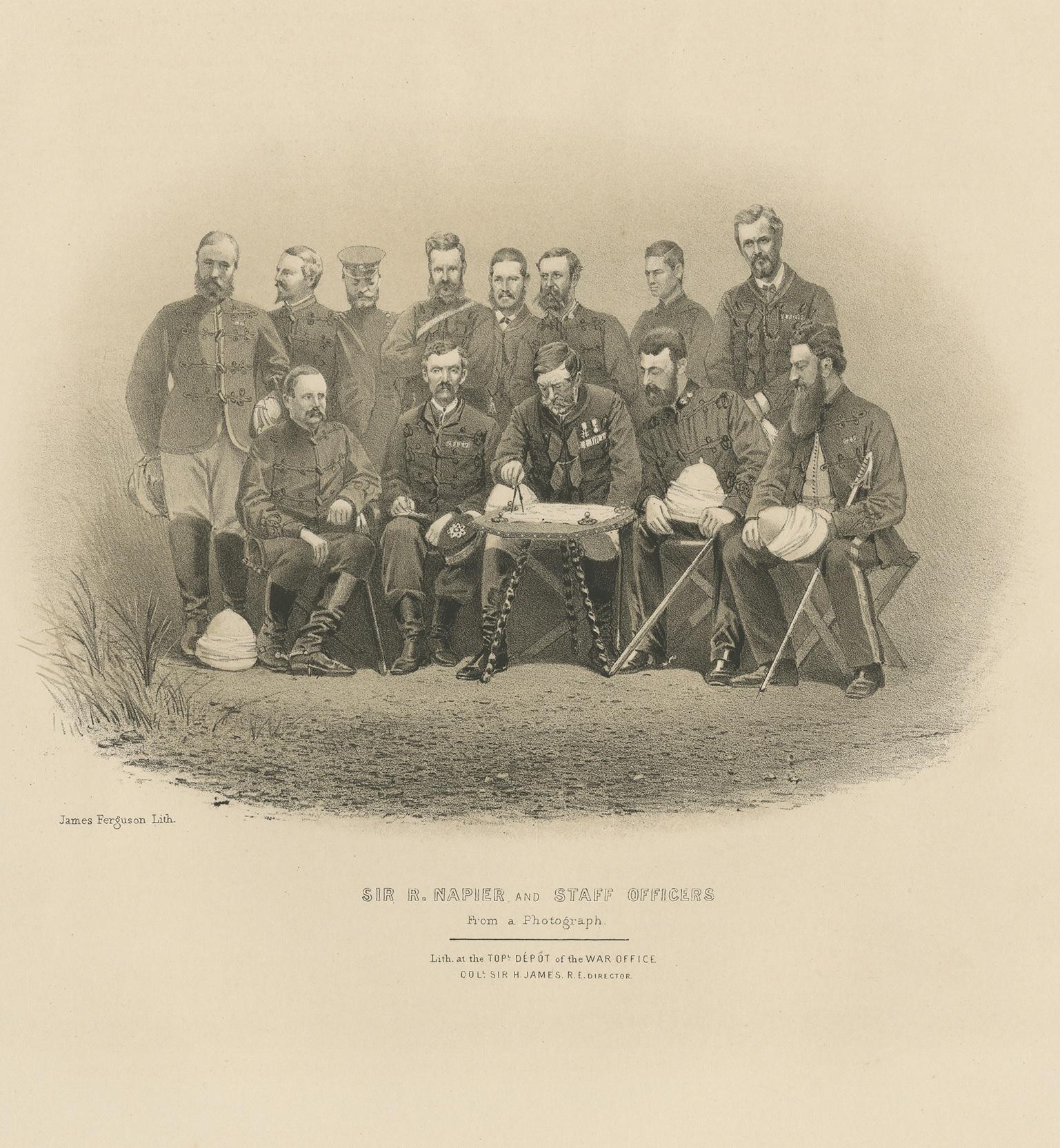 Antique print titled 'Sir. R. Napier and Staff Officers'. Lithograph of Robert Napier and staff officers. Robert Cornelis Napier, 1st Baron Napier of Magdala GCB GCSI FRS (6 December 1810 – 14 January 1890) was a British Indian Army officer. He