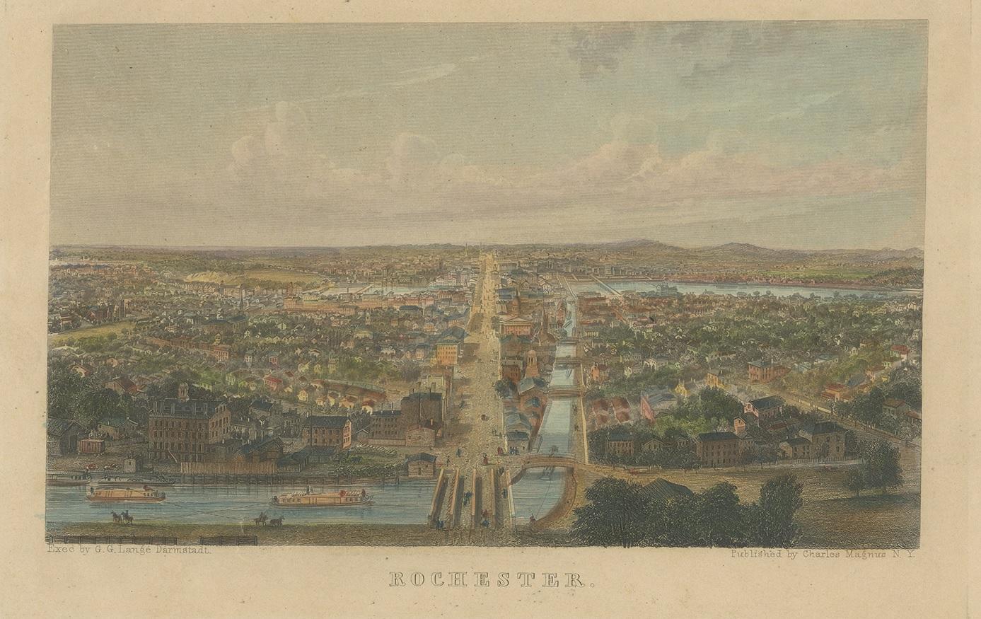Antique print titled 'Rochester'. Hand colored steel engraving of Rochester including the Genesee river. Published by Charles Magnus, New York.