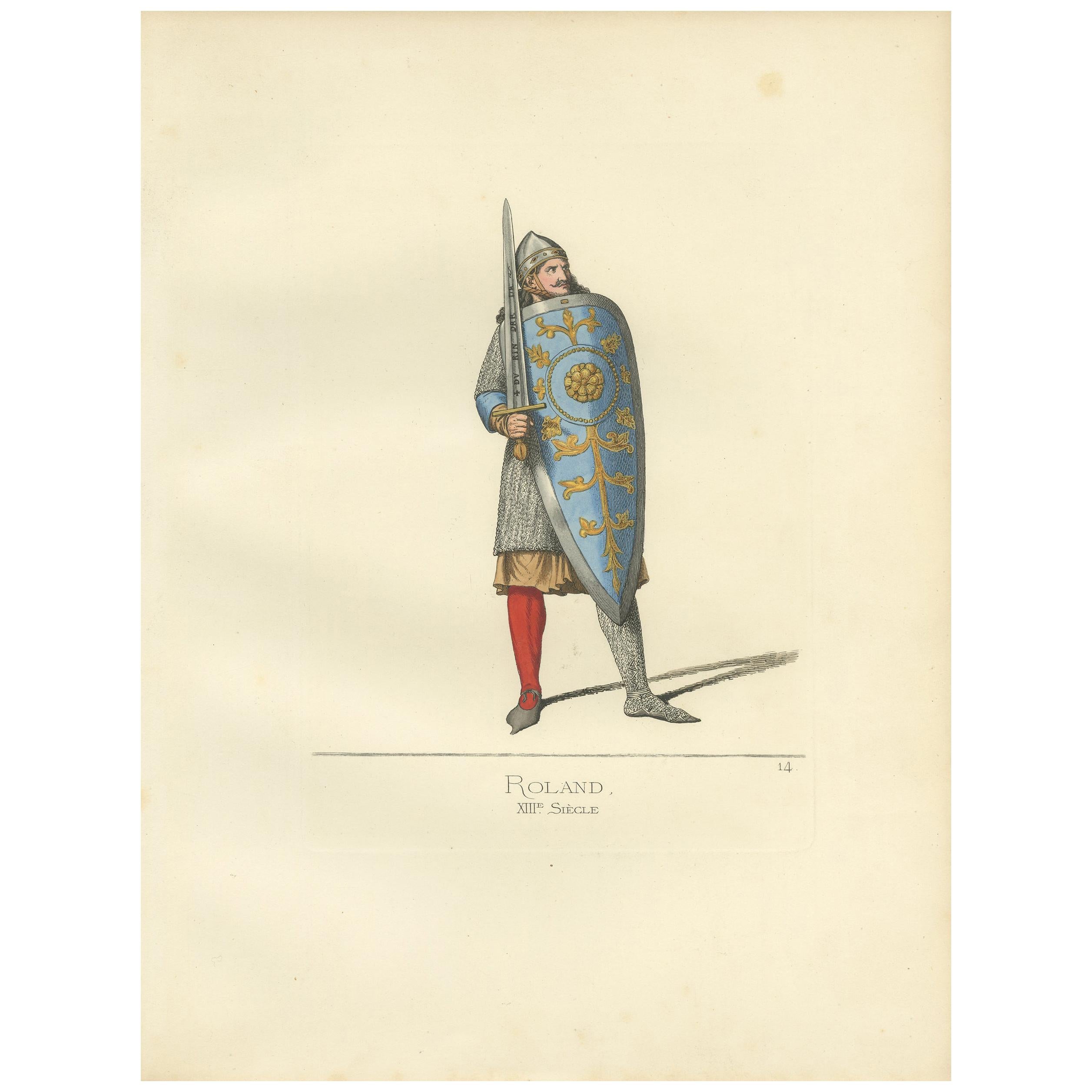 Antique Print of Roland, a Frankish Military Leader, by Bonnard, 1860 For Sale