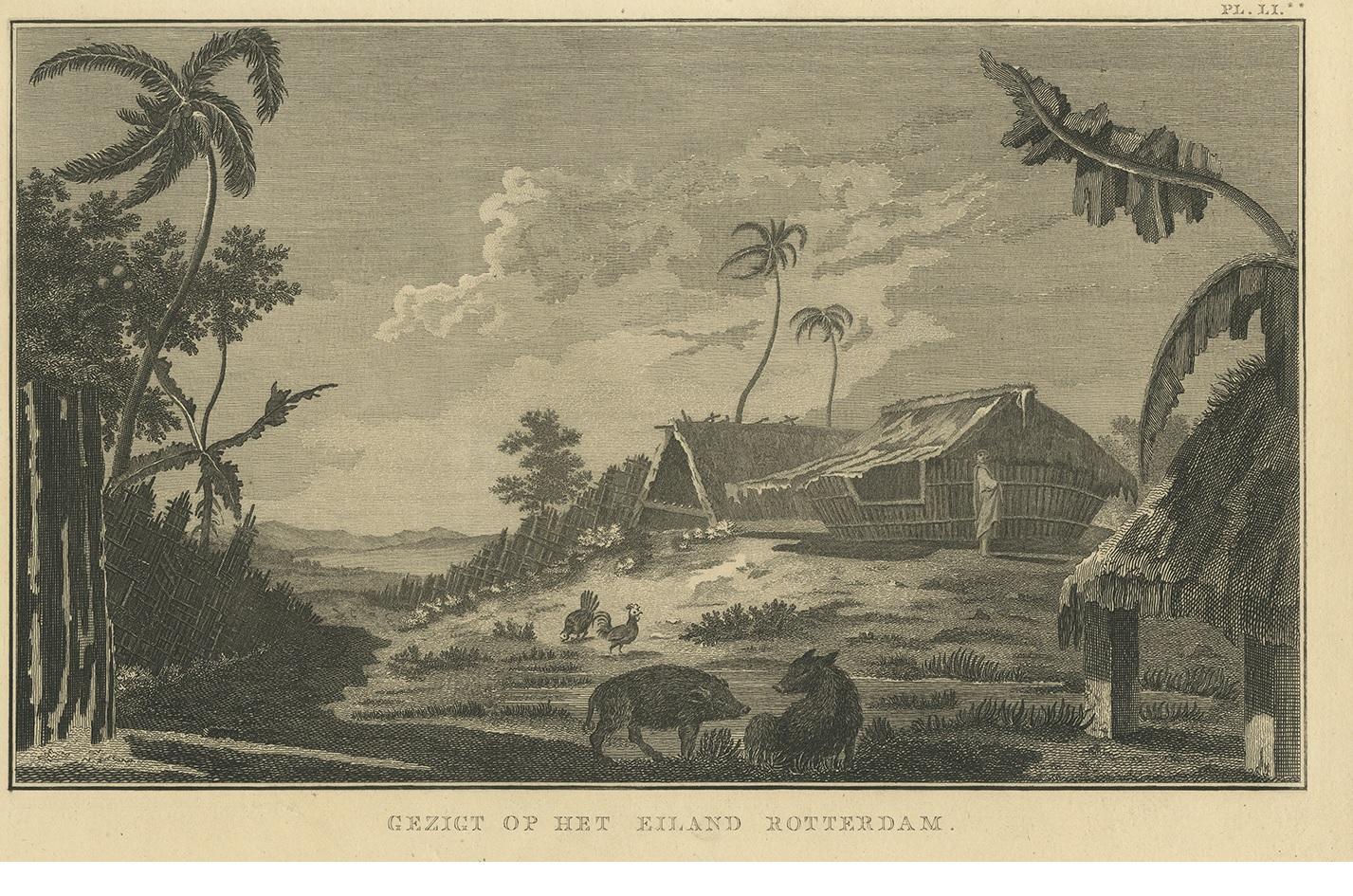 Antique print titled 'Gezigt op het eiland Rotterdam'. This is an original copper engraving of a view of Rotterdam Island, Pacific. Originates from 'Reizen Rondom de Waereld door James Cook (..)'. 