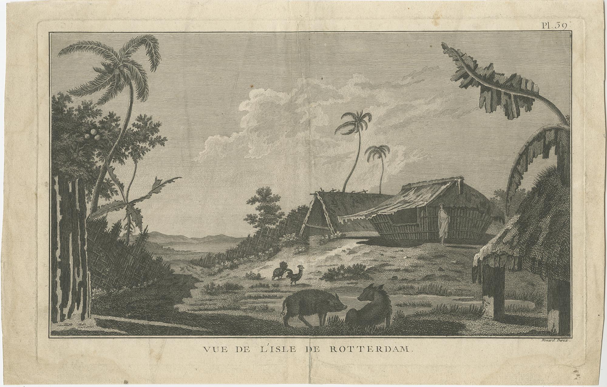 Antiker Druck mit dem Titel 'Vue de l'Isle de Rotterdam'. Antiker Stich der Rotterdam-Insel (Nomuka-Insel) in der Haʻapai-Inselgruppe im Königreich Tonga, wie sie von Captain Cook damals gesehen wurde. Dieser Druck stammt aus 