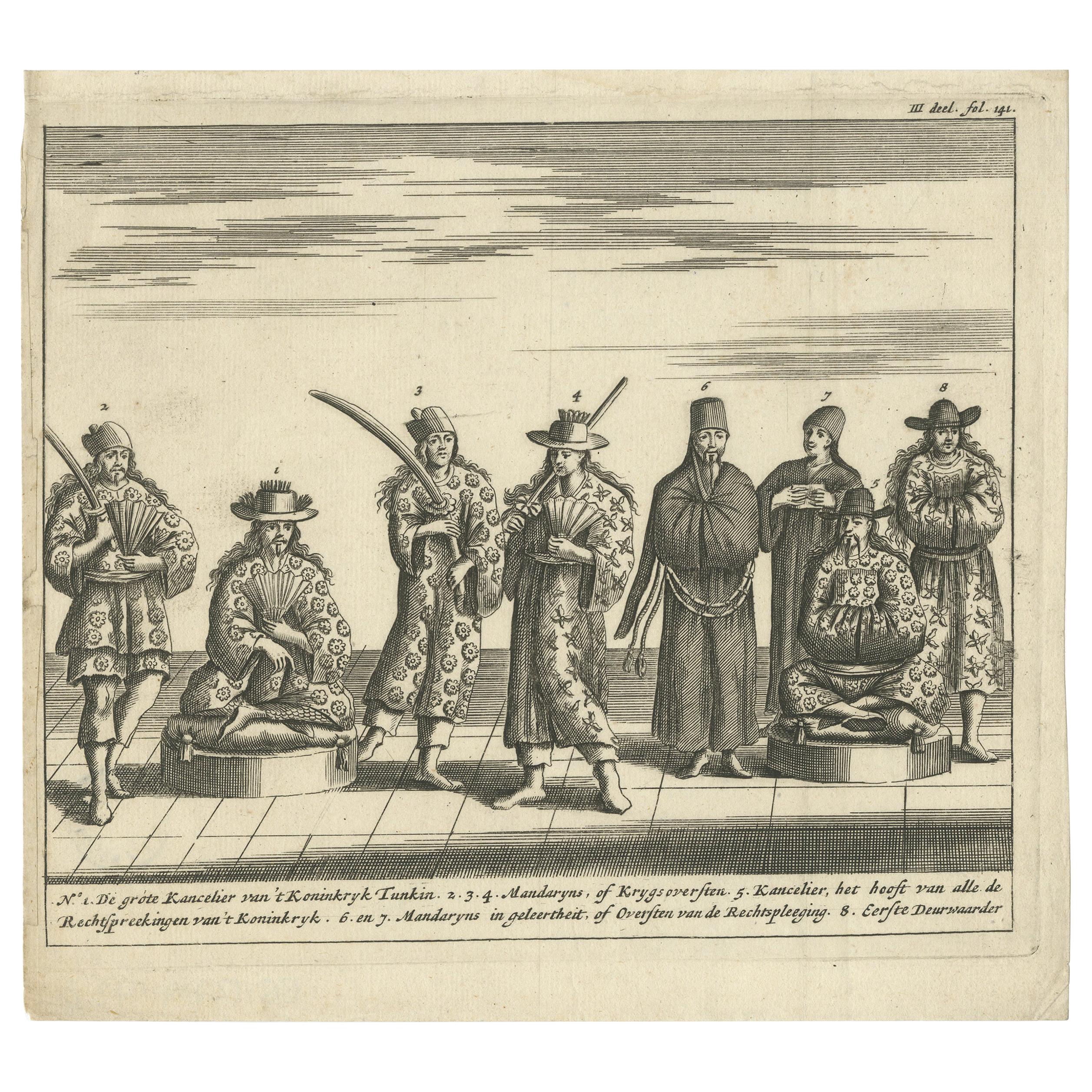 Grabado antiguo de Funcionarios Reales en Tunquin por Tavernier, '1682