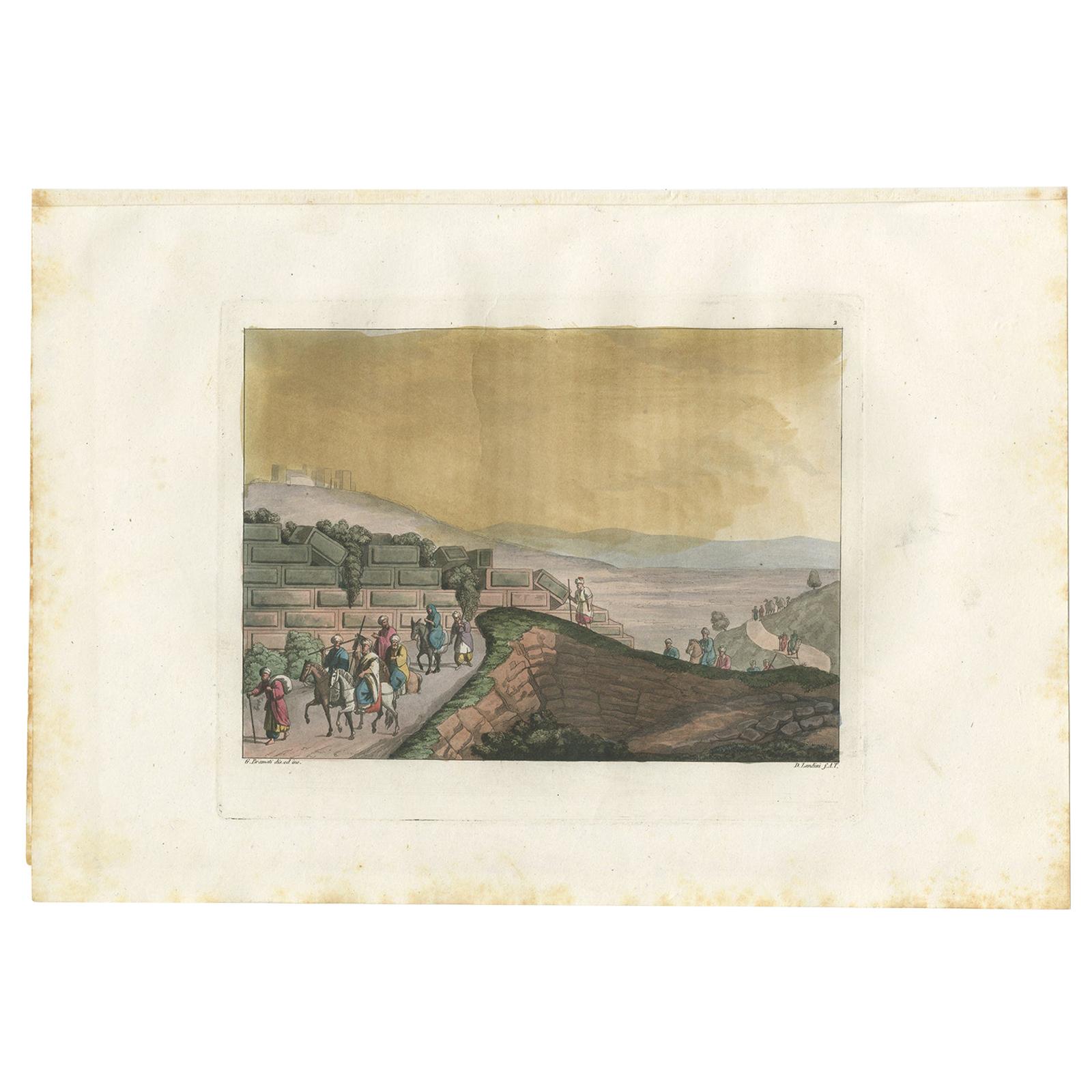 Old Handcolored Print of Ruins Between Rama and Jerusalem von Ferrario, '1831'