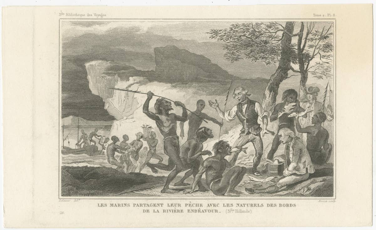 Antique Print of Sailors Sharing Their Fish with Natives from Australia