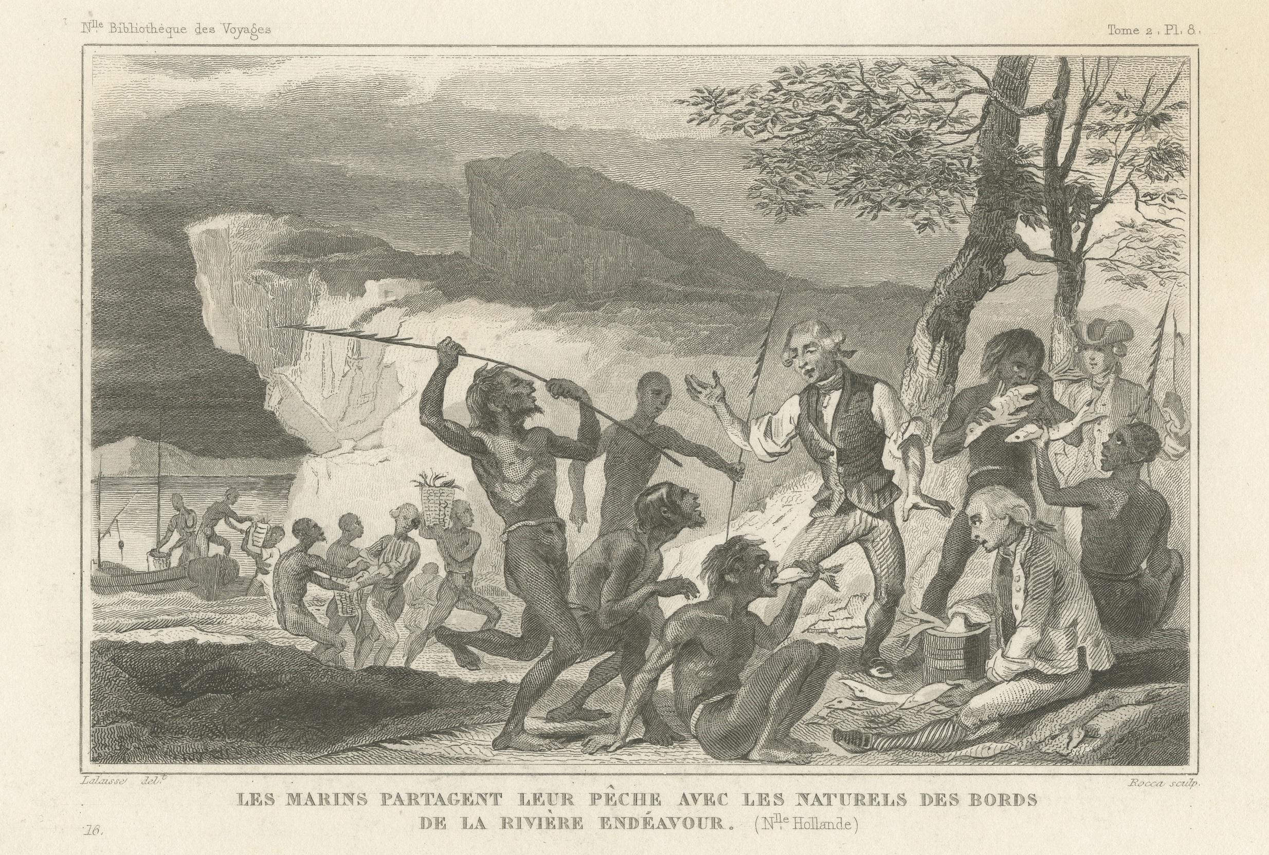 Antique Print of Sailors Sharing Their Fish with Natives from Australia In Good Condition For Sale In Langweer, NL