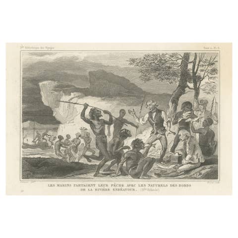 Antique Print of Sailors Sharing Their Fish with Natives from Australia