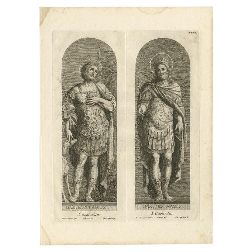 Antique print titled 'S. Eustathius - S. Odoardus'. Scarce plate showing Saint Eustachius/Eustace and Saint Odoardus. After one of the frescoes Domenico Zapieri painted for the Abbey of Grottaferrata (near Rome). This Abbey was founded by St. Nilus