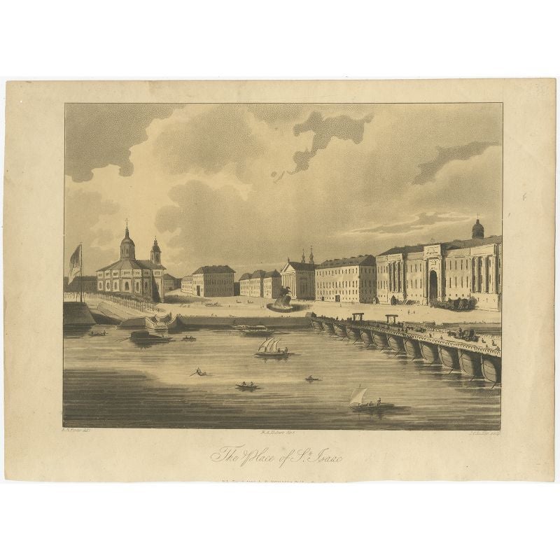 Antique print titled 'The Place of St. Isaac'. View of Saint Isaac's Square, in Saint Petersburg, Russia. A city square sprawling between the Mariinsky Palace and Saint Isaac's Cathedral, which separates it from Senate Square. Source unknown, to be
