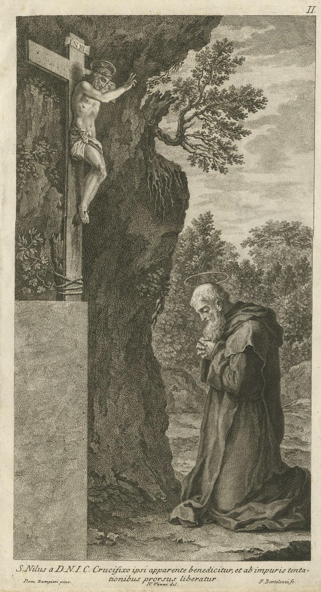 Antiker Druck des knienden Heiligen Nilus im Gebet, 1762 (Papier) im Angebot