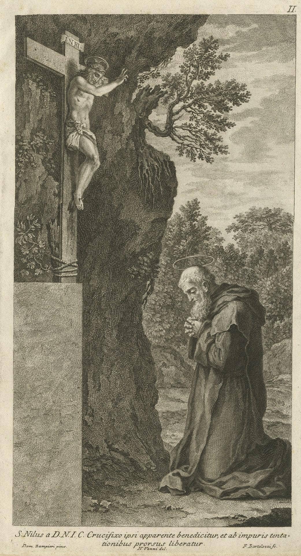 Antique Print of Saint Nilus Kneeling in Prayer, 1762