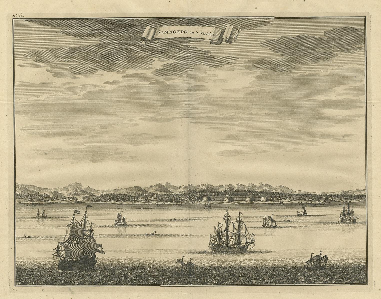 Antique print titled 'Samboepo in 't Verschiet'. Engraved view of the city of Samboepo (Makassar or Ujung Pandang) in Sulawesi with ships in the foreground. This print originates from 'Oud en Nieuw Oost-Indiën' by F. Valentijn.