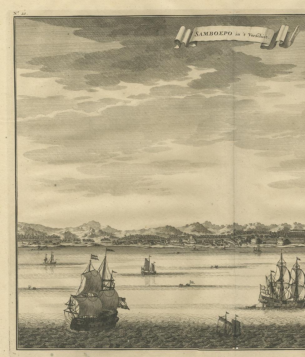 Grabado antiguo de Samboepo por Valentijn, 1726 Holandés en venta