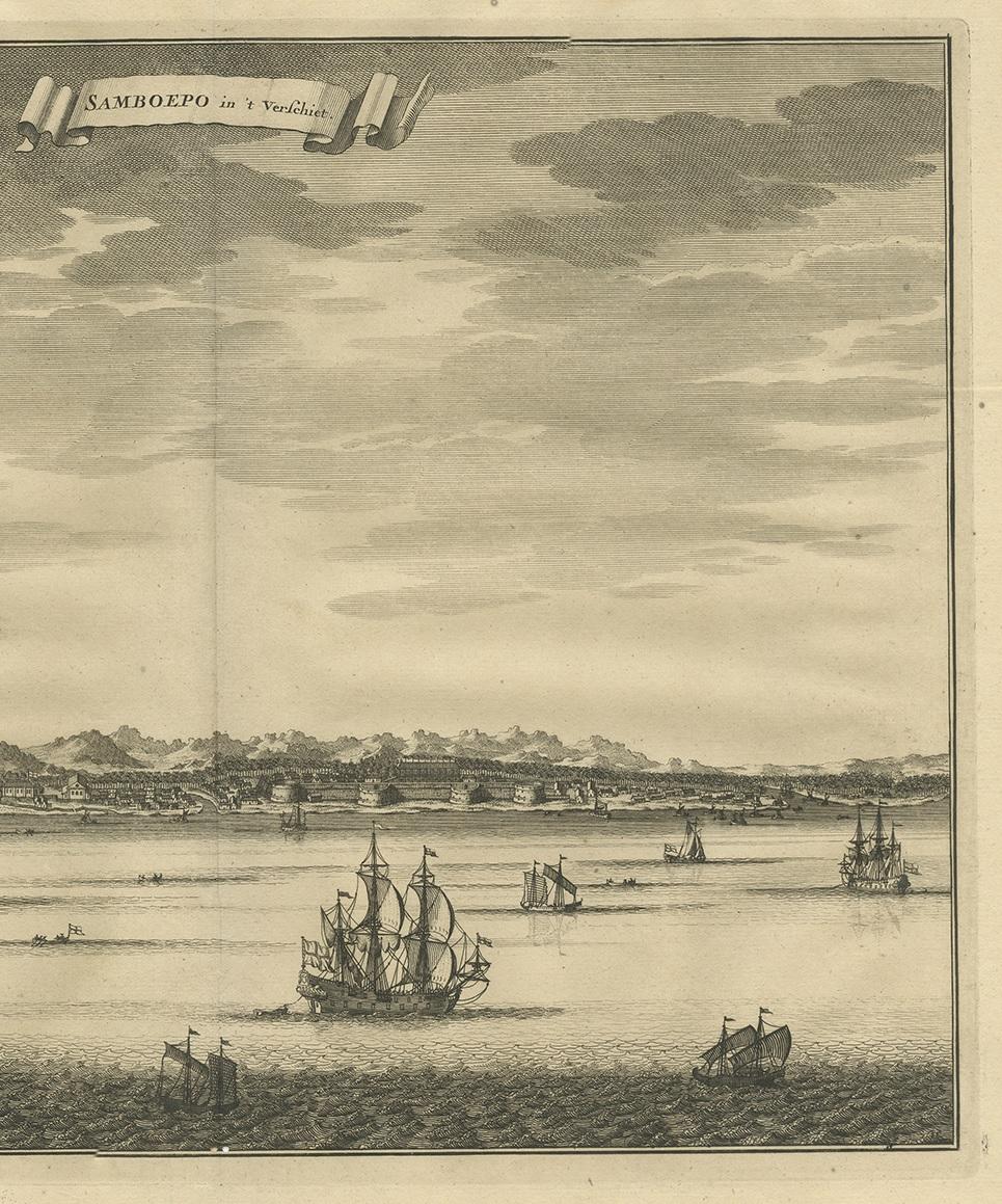 Impression ancienne de Samboepo par Valentijn, 1726 Bon état - En vente à Langweer, NL