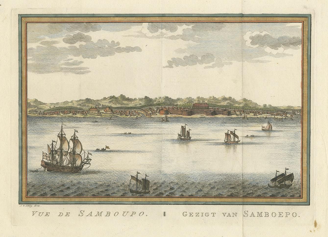 Antique print titled 'Vue de Samboupo - Gezigt van Samboepo'. Attractive detailed view of Samboupo on the island of Celebes (Sulawesi) Indonesia. Engraved by J. van Schley, circa 1750.
