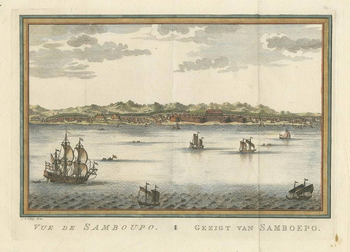 Antique Print of Samboupo ‘Sulawesi, Indonesia’ by J. van Schley, 1750