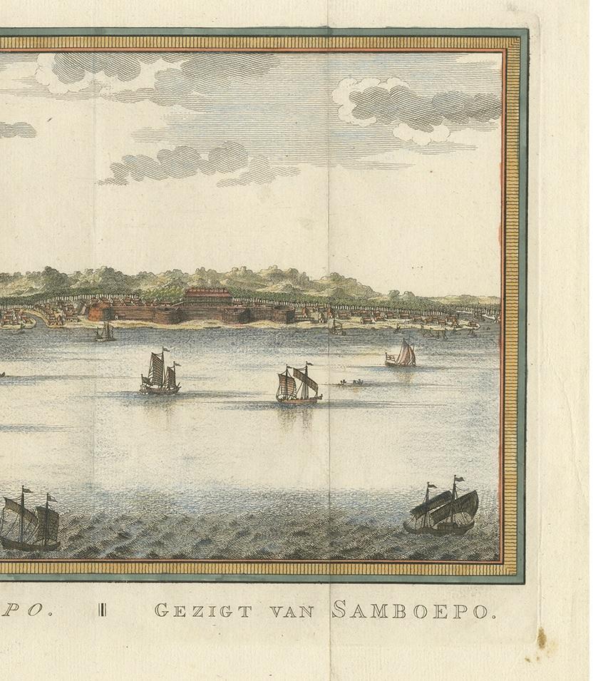 Antique Print of Samboupo ‘Sulawesi, Indonesia’ by J. van Schley, 1750 In Good Condition For Sale In Langweer, NL