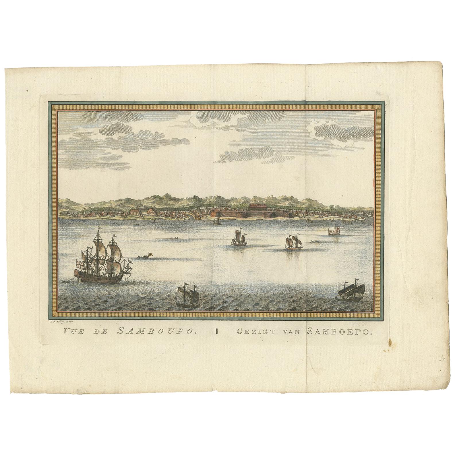 Antique Print of Samboupo ‘Sulawesi, Indonesia’ by J. van Schley, 1750 For Sale