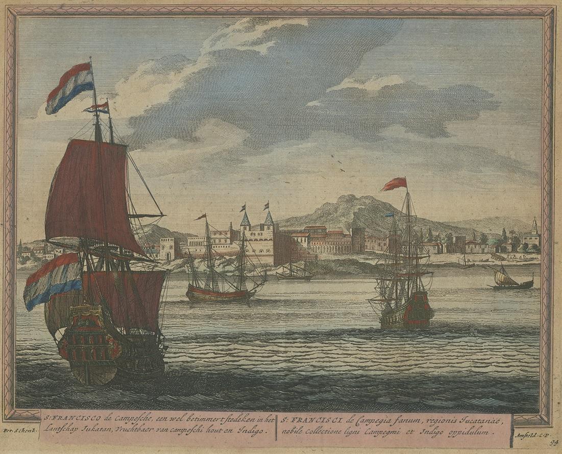 Antique Print of San Francisco de Campeche by Schenk, '1702' In Good Condition In Langweer, NL