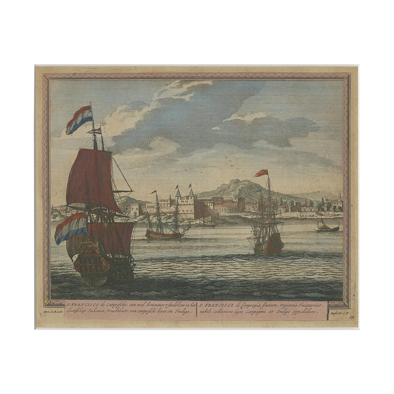 Antique Print of San Francisco de Campeche by Schenk, '1702'