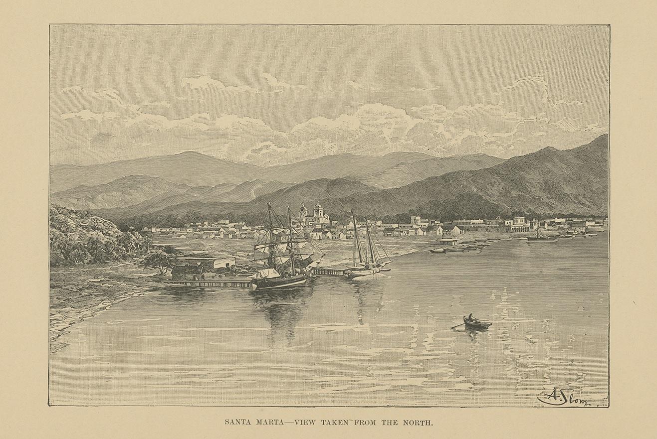 Antique print titled 'Santa Marta - View taken from the north'. View of Santa Marta, Colombia. This print originates from 'The Universal Geography' by Élisée Reclus.