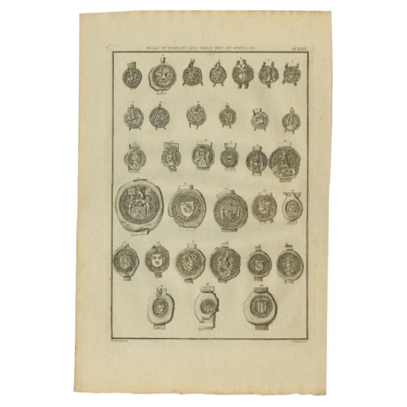 Antique print titled 'Plate XXIX. Seals of Nobility and great Men of Scotland'. Original antique print showing Seals of Nobility and important men of Scotland. This print originates from 'An Account of the Seals of Scotland' by Thomas