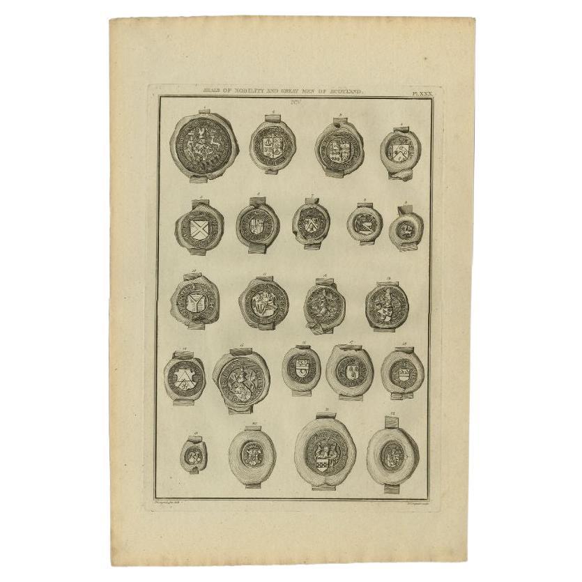 Antique print titled 'Plate XXX. Seals of Nobility and great Men of Scotland'. Original antique print showing Seals of Nobility and important men of Scotland. This print originates from 'An Account of the Seals of Scotland' by Thomas