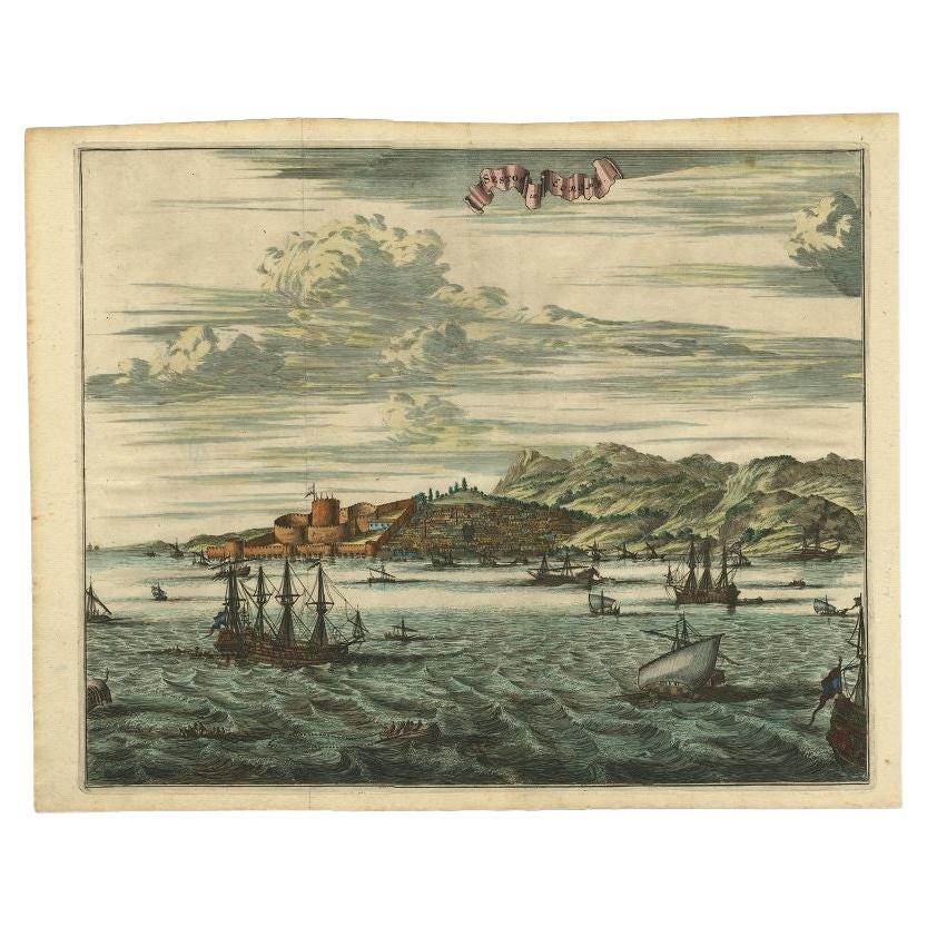 Antique Print of Sestos in Turkey with Ships , circa 1680