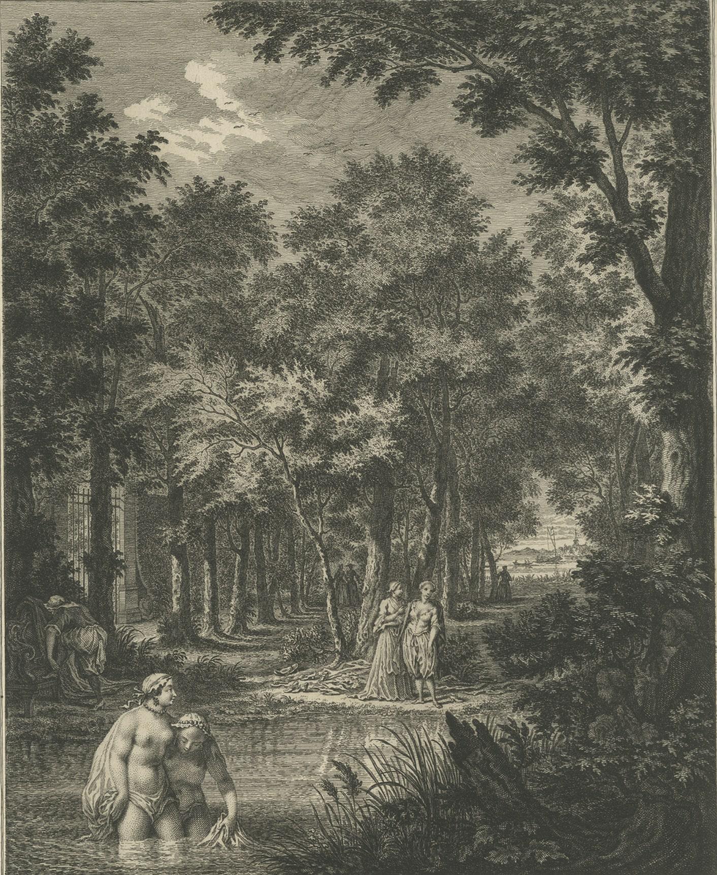Antique print titled 'De Baadende Juffers Bespied - Les Baigneuses Epiées'. A scene in which several bathing women are spied on by two men hiding in the bushes. A plate from a series of 31 engravings published between 1754-1764 after paintings,