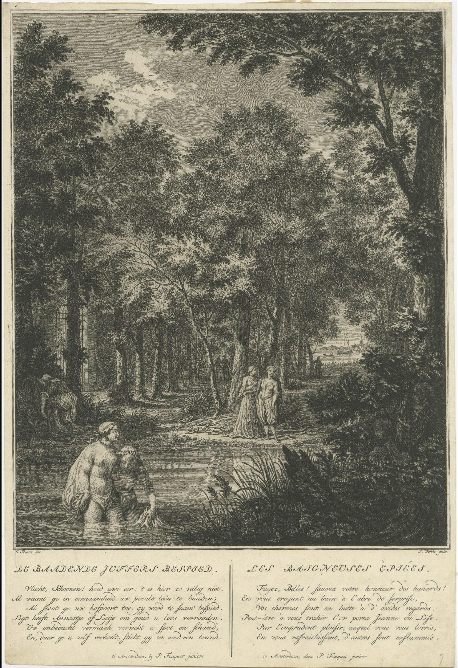 Engraved Antique Print of Several Bathing Women Spied by Men Hiding in the Bushes For Sale