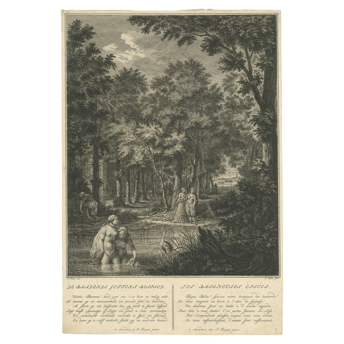 Antique Print of Several Bathing Women Spied by Men Hiding in the Bushes, 1760