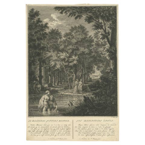 Antique Print of Several Bathing Women Spied by Men Hiding in the Bushes, 1760