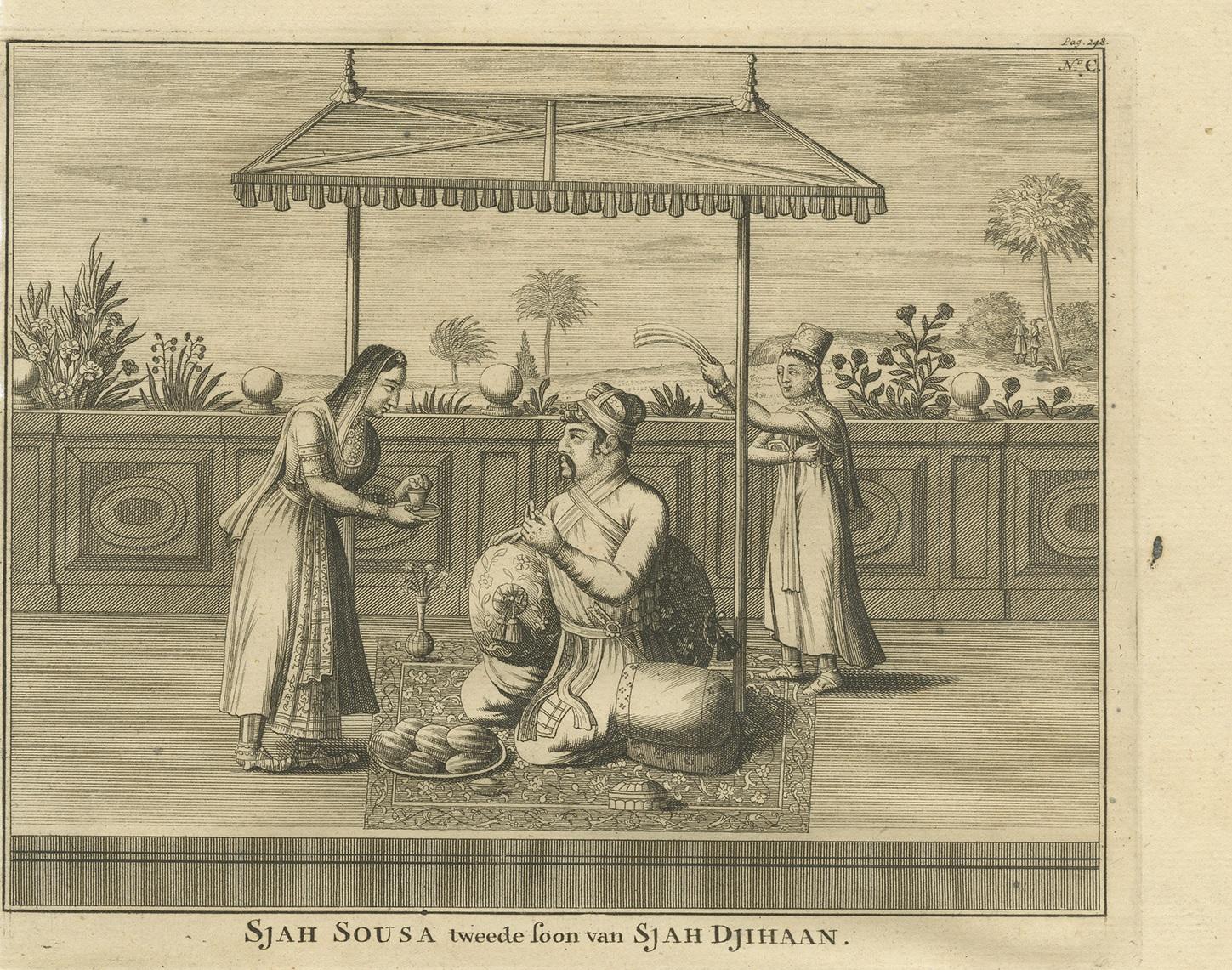 Néerlandais Impression ancienne de Shah Shuja et d'une femme chrétienne par Valentijn, 1726 en vente