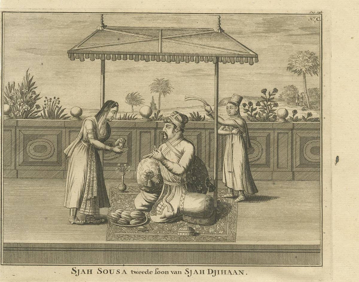 Antique Print of Shah Shuja and a Christian Lady by Valentijn, 1726