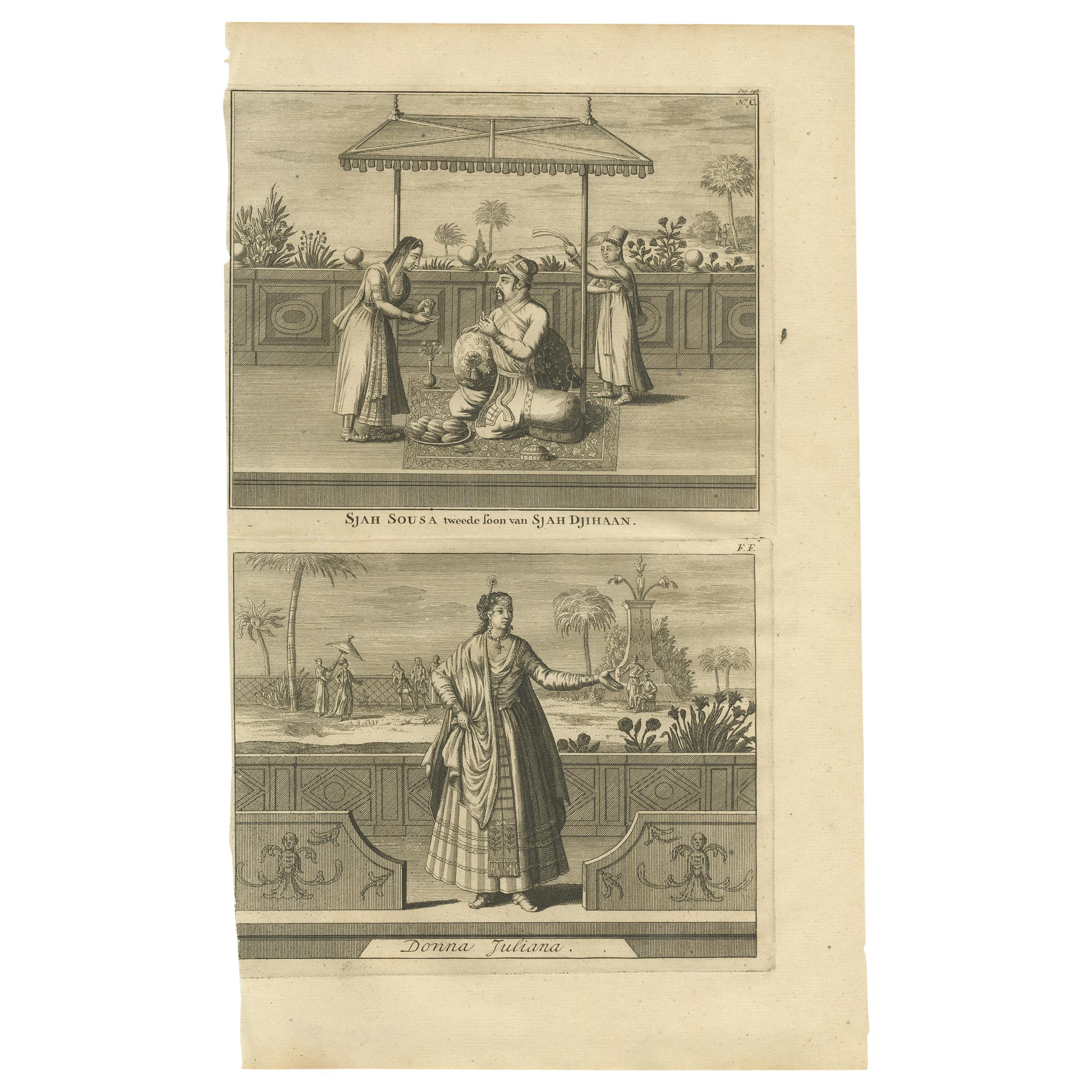 Impression ancienne de Shah Shuja et d'une femme chrétienne par Valentijn, 1726