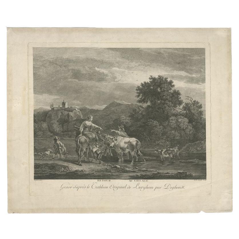 Antique Print of Shepherds Returning to the Village, circa 1770