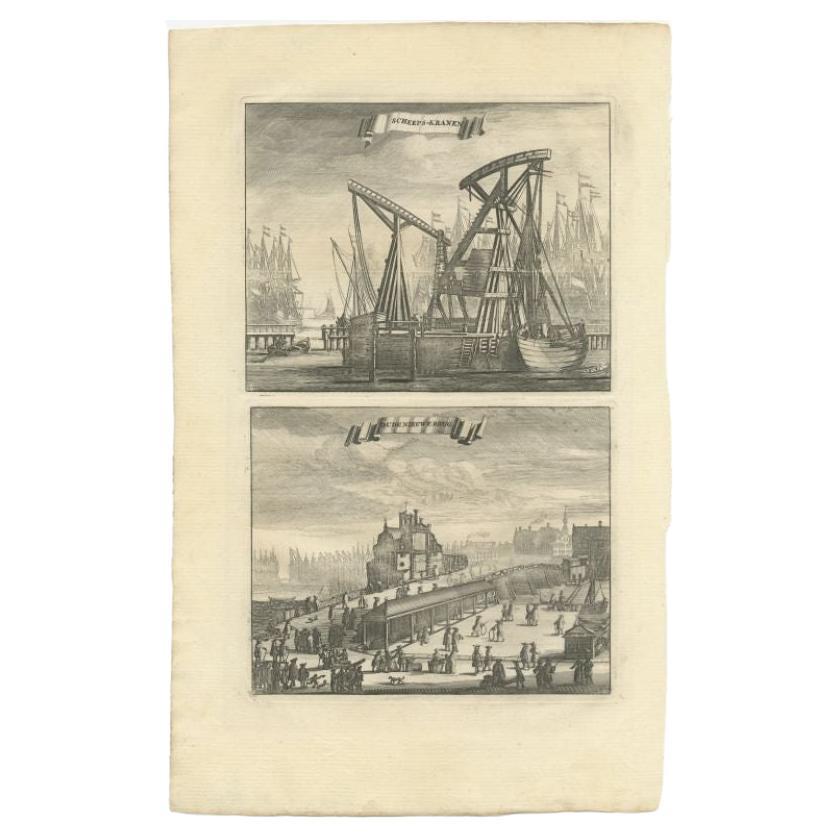 Antique Print of Ship Cranes and a Bridge in Amsterdam, circa 1730 For Sale