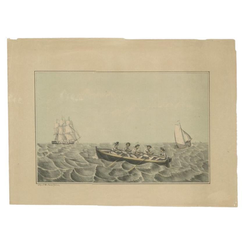 Antique Print of Ships and a Rowing Boat in Old Handcoloring, circa 1880 For Sale