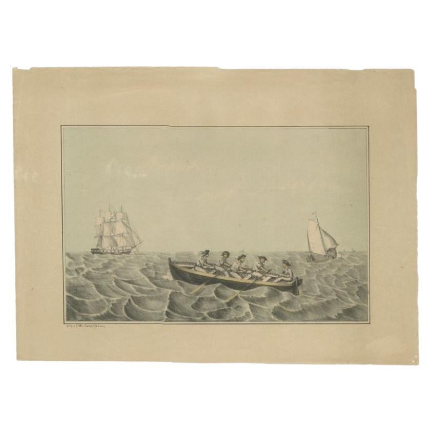 Impression ancienne de navires et d'un bateau à voile dans une ancienne coloration à la main, vers 1880