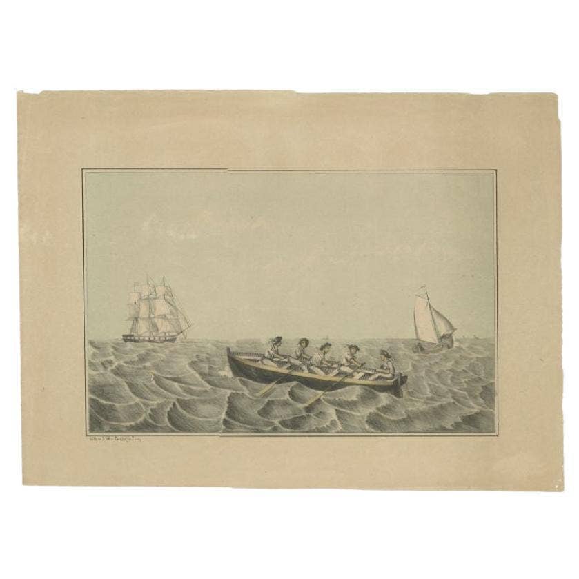Antique Print of Ships and a Rowing Boat in Old Handcoloring, circa 1880