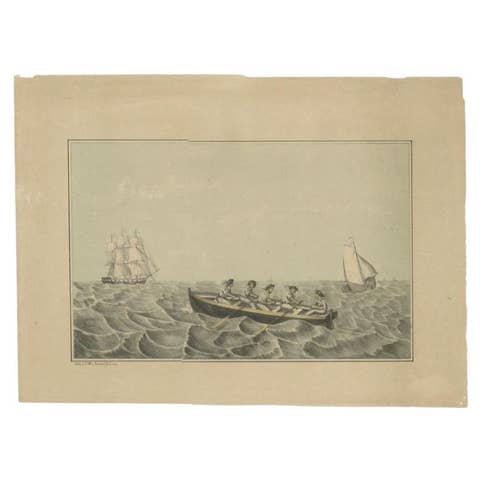 Antique Print of Ships and a Rowing Boat in Old Handcoloring, circa 1880