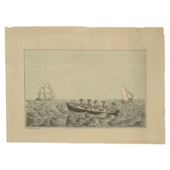 Antiker Druck von Schiffen und einem Ruderboot in altem Handkolor, um 1880