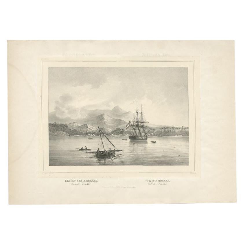 Antique Print of Ships Near Lombok, Island of Indonesia, 1844 For Sale