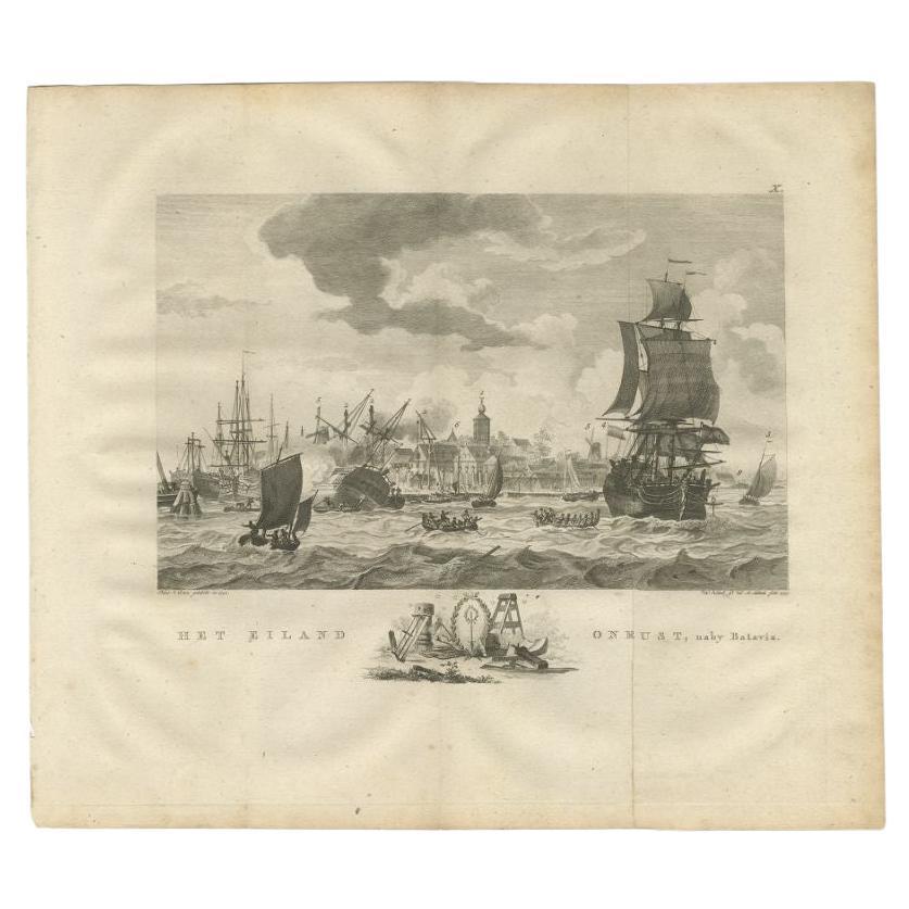 Stampa antica di navi vicino all'isola di Onrust  vicino a Giacarta, Indonesia, 1779