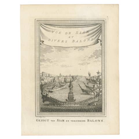 Antique Print of Siam and Various Vessels by Van Schley 'c.1750'