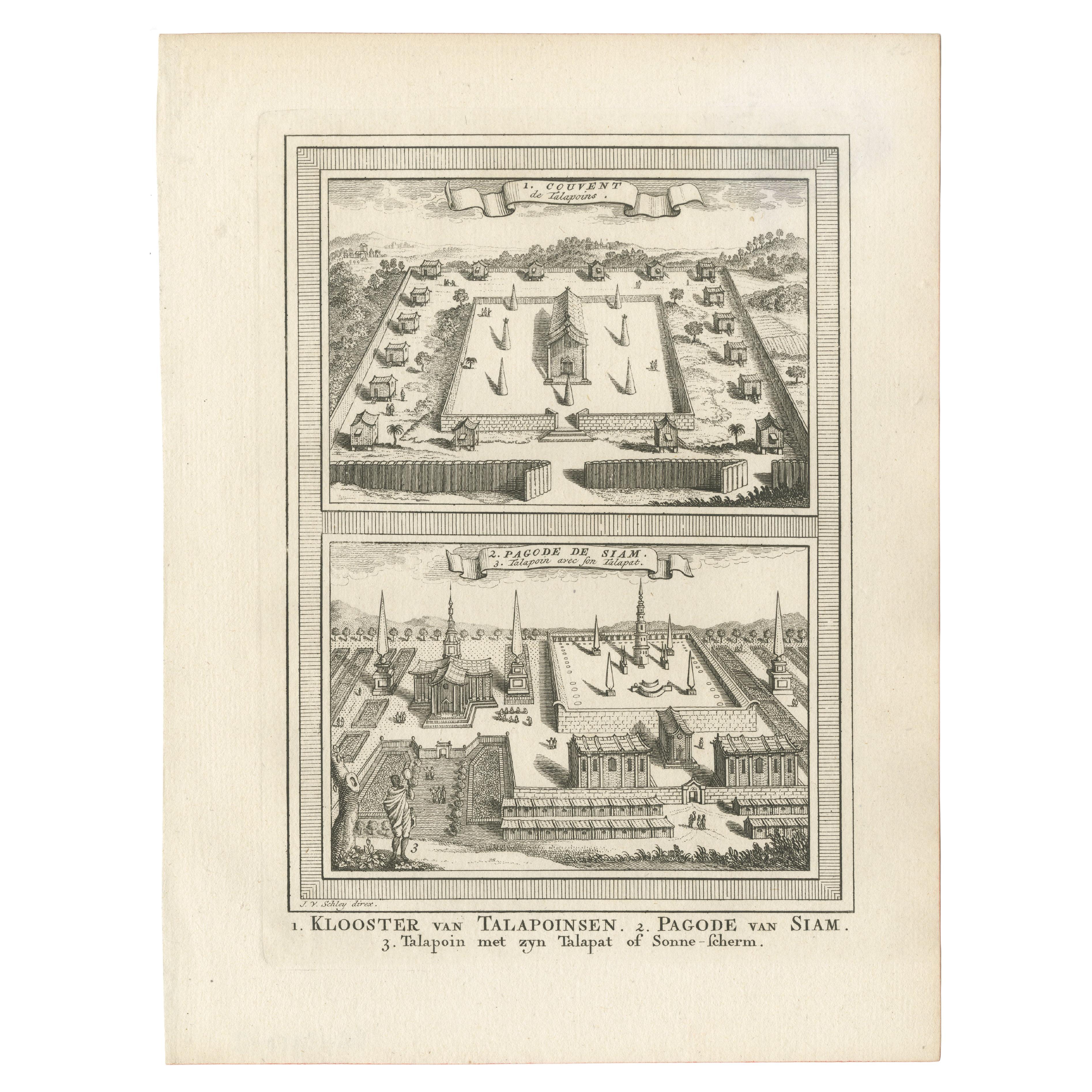 Impression ancienne de temples de Siam par Van Schley, vers 1750